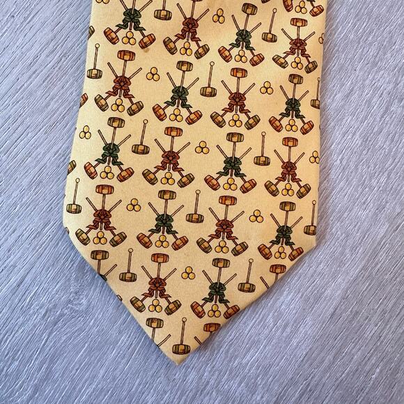 Salvatore Ferragamo Silk Tie Polo Mallet Horse Equestrian Yellow Red Green Italy